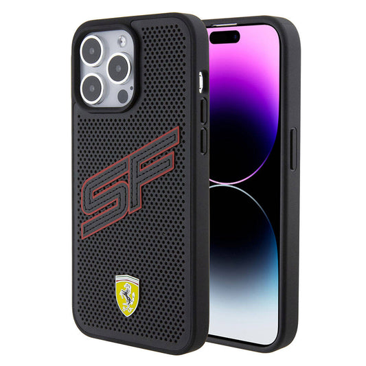 Apple iPhone 15 Pro Kılıf Ferrari Orjinal Lisanslı PU Delikli Arka Yüzey Metal Logolu Dikişli Büyük SF Yazılı Kapak Kırmızı