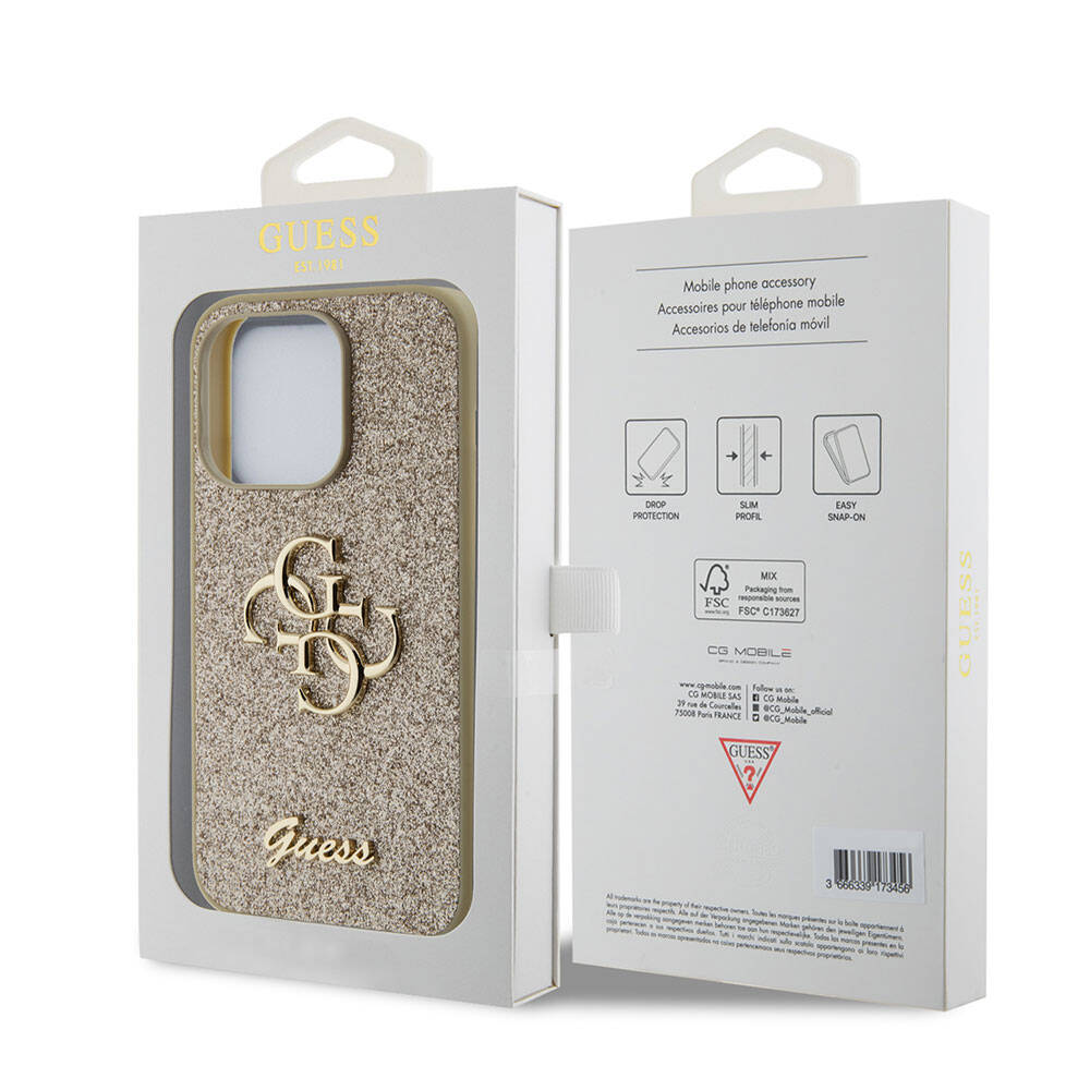 Apple iPhone 15 Pro Kılıf Guess Orjinal Lisanslı 4G Büyük Metal Logolu Glitter Kapak Pembe