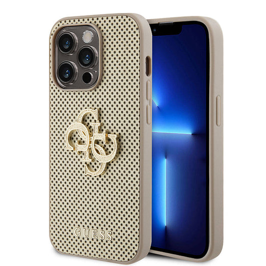 Apple iPhone 15 Pro Kılıf Guess Orjinal Lisanslı Delikli Yazı ve 4G Glitter Büyük Metal Logolu Kapak Gold