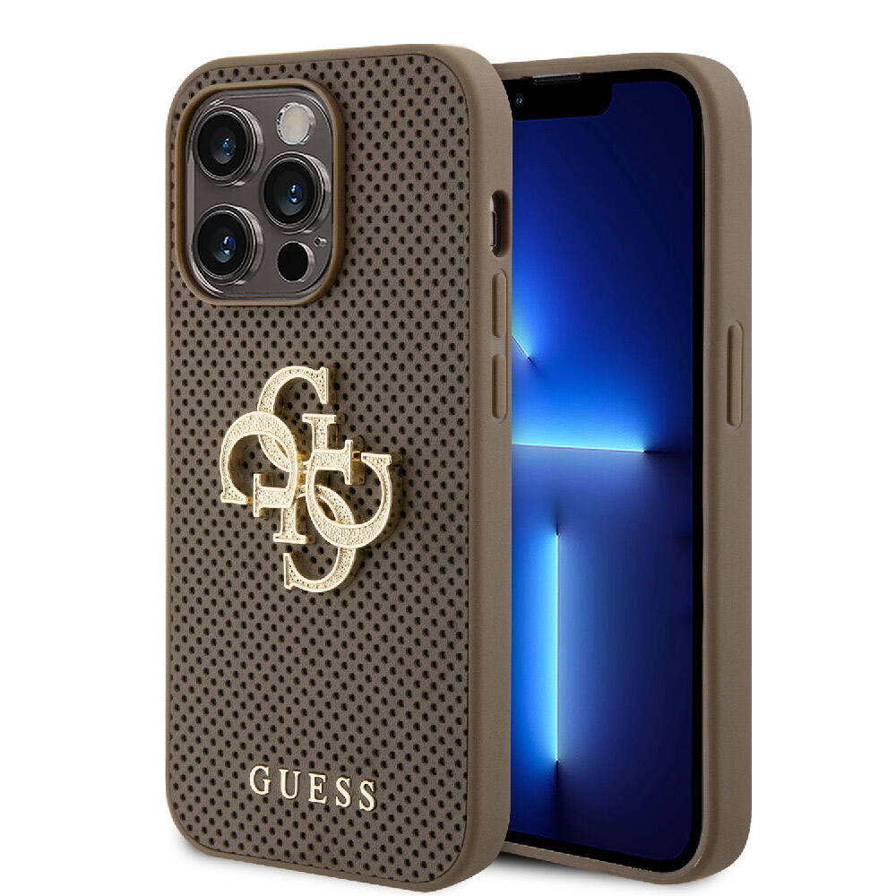 Apple iPhone 15 Pro Kılıf Guess Orjinal Lisanslı Delikli Yazı ve 4G Glitter Büyük Metal Logolu Kapak