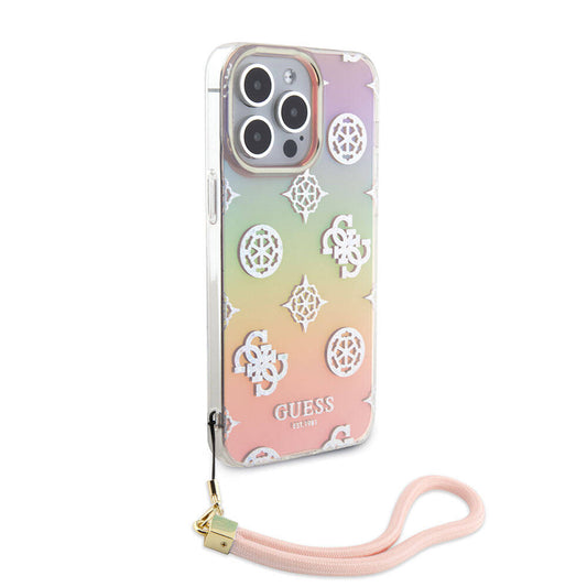 Apple iPhone 15 Pro Kılıf Guess Orjinal Lisanslı Desenli Yazı Logolu Askı İpli Holografik Glitter Peony Kapak Pembe