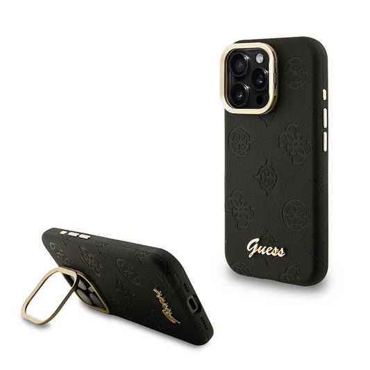 Apple iPhone 15 Pro Kılıf Guess Orjinal Lisanslı M-safe Şarj Özellikli Sıcak Baskılı Yazı Logolu Kamera Standlı PU Deri Peony Kapak