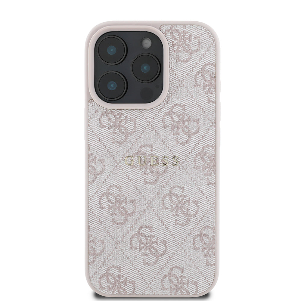 Apple iPhone 15 Pro Kılıf Guess Orjinal Lisanslı M-safe Şarj Özellikli 4G Desen Yazı Logolu Kapak Pembe
