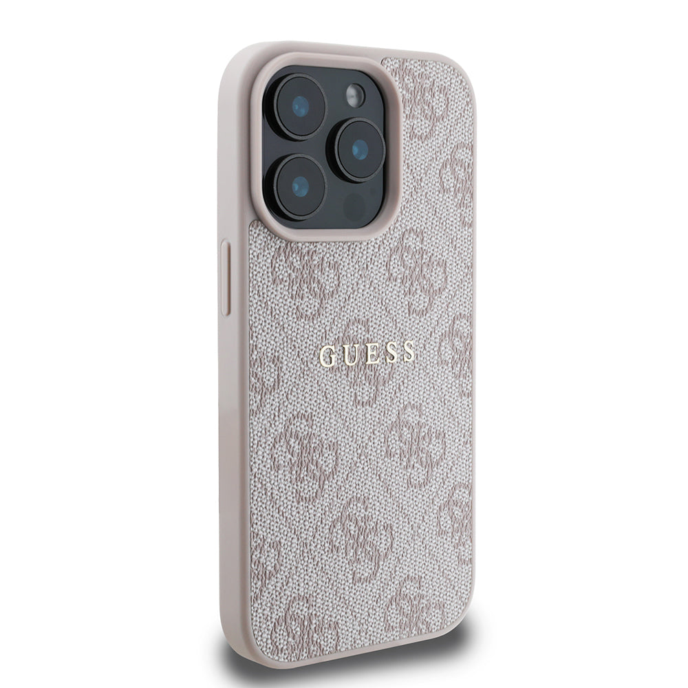 Apple iPhone 15 Pro Kılıf Guess Orjinal Lisanslı M-safe Şarj Özellikli 4G Desen Yazı Logolu Kapak Pembe