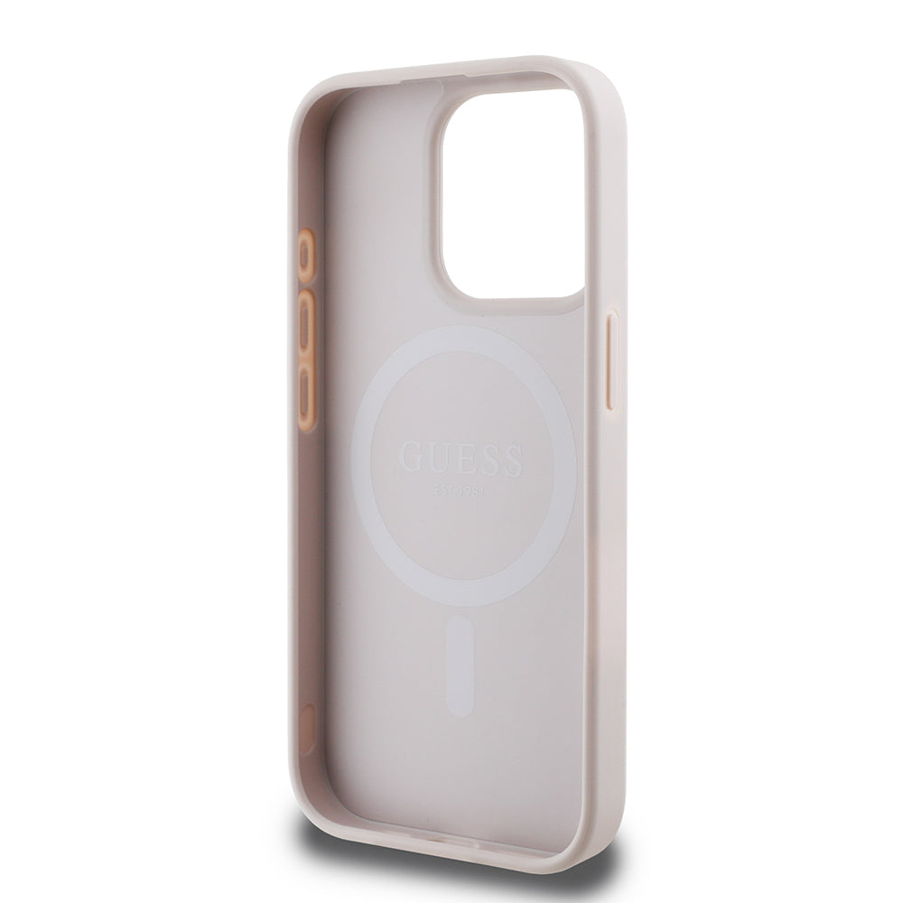 Apple iPhone 15 Pro Kılıf Guess Orjinal Lisanslı M-safe Şarj Özellikli 4G Desen Yazı Logolu Kapak Pembe