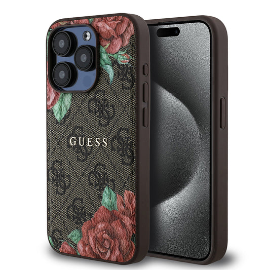Apple iPhone 15 Pro Kılıf Guess Orjinal Lisanslı M-safe Şarj Özellikli Gül Baskılı 4G Desenli Yazı Logolu Kapak Siyah