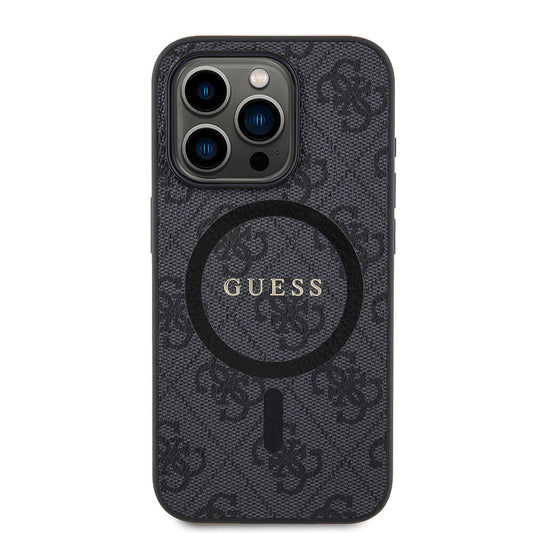 Apple iPhone 15 Pro Kılıf Guess Orjinal Lisanslı M-safe Şarj Özellikli PU Halkalı 4G Desenli Yazı Logolu Kapak Siyah