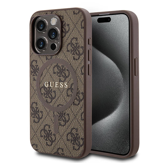Apple iPhone 15 Pro Kılıf Guess Orjinal Lisanslı M-safe Şarj Özellikli PU Halkalı 4G Desenli Yazı Logolu Kapak Pembe
