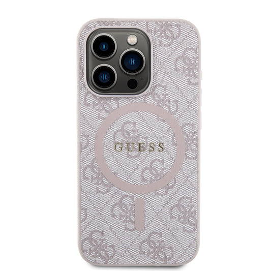 Apple iPhone 15 Pro Kılıf Guess Orjinal Lisanslı M-safe Şarj Özellikli PU Halkalı 4G Desenli Yazı Logolu Kapak Pembe