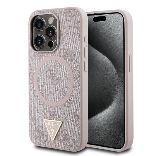 Apple iPhone 15 Pro Kılıf Guess Orjinal Lisanslı M-safe Şarj Özellikli PU Üçgen Logo 4G Desenli Kapak Pembe