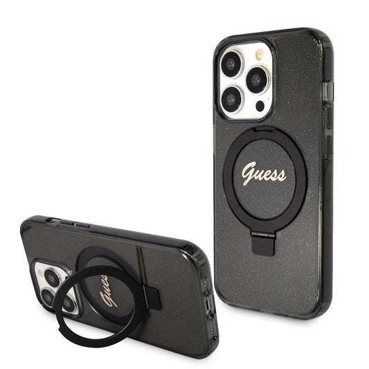 Apple iPhone 15 Pro Kılıf Guess Orjinal Lisanslı M-safe Şarj Özellikli Simli Arka Yüzey Ring Standlı Kapak Pembe