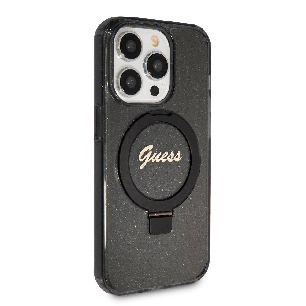 Apple iPhone 15 Pro Kılıf Guess Orjinal Lisanslı M-safe Şarj Özellikli Simli Arka Yüzey Ring Standlı Kapak Renksiz