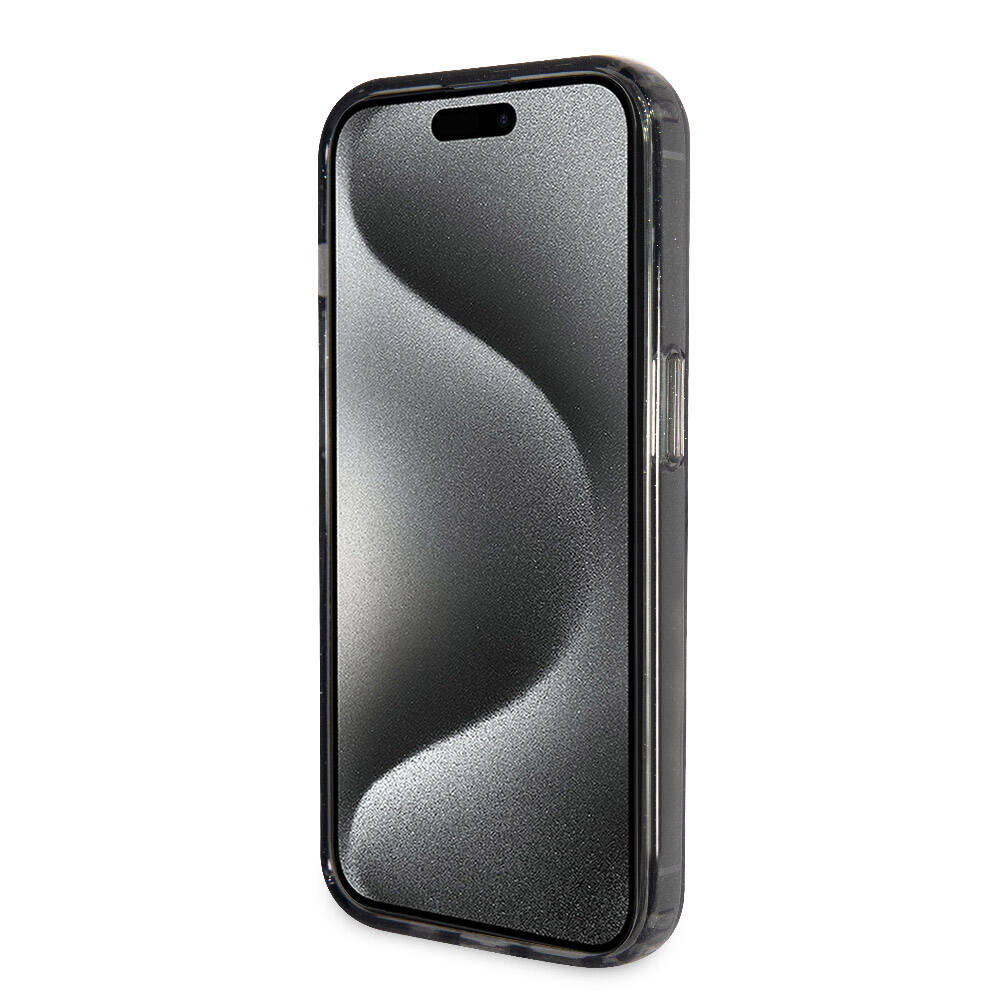 Apple iPhone 15 Pro Kılıf Guess Orjinal Lisanslı M-safe Şarj Özellikli Simli Arka Yüzey Ring Standlı Kapak Renksiz