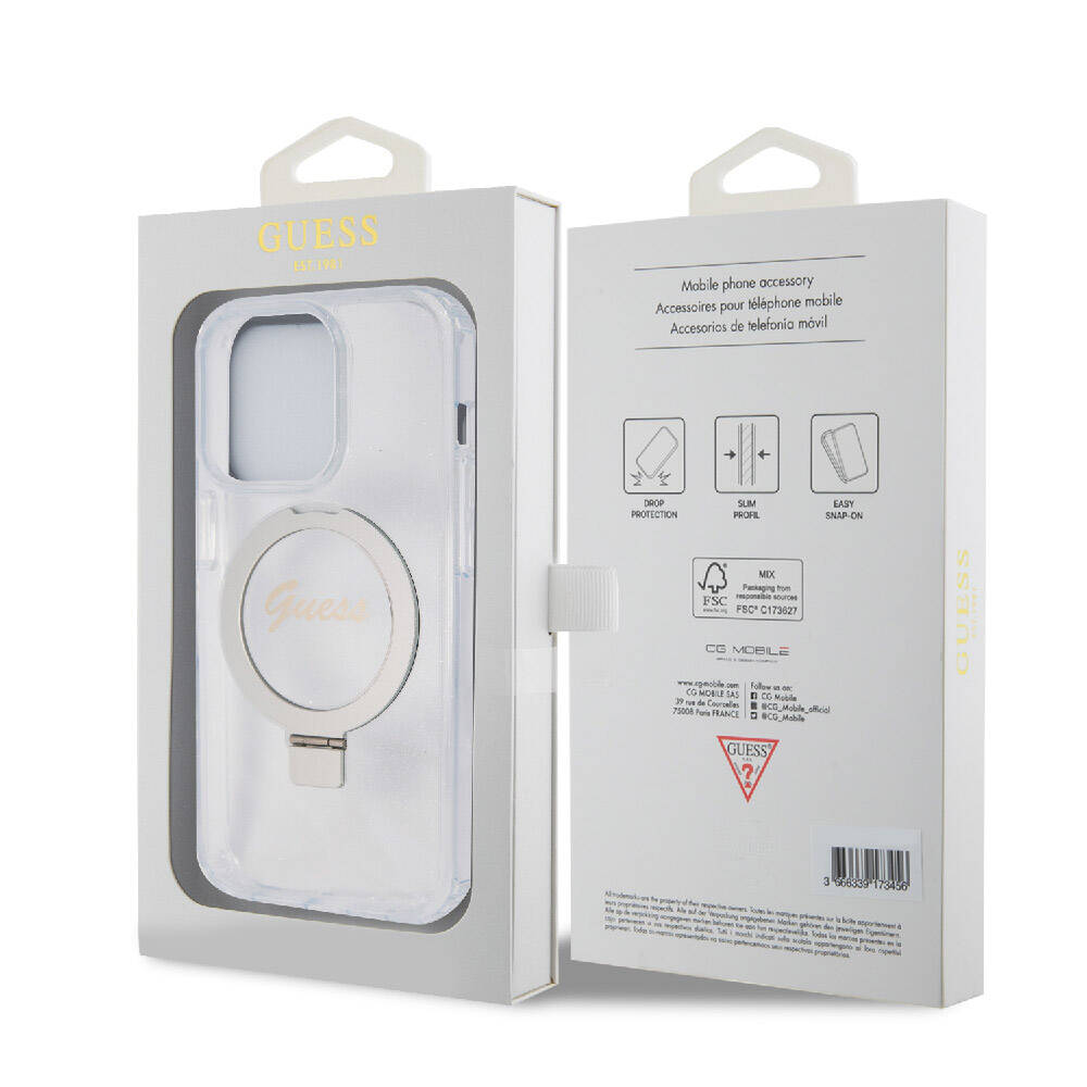 Apple iPhone 15 Pro Kılıf Guess Orjinal Lisanslı M-safe Şarj Özellikli Simli Arka Yüzey Ring Standlı Kapak Renksiz