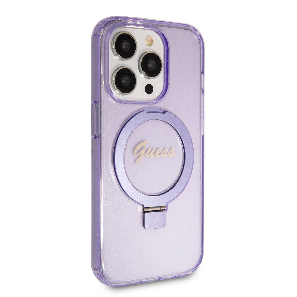Apple iPhone 15 Pro Kılıf Guess Orjinal Lisanslı M-safe Şarj Özellikli Simli Arka Yüzey Ring Standlı Kapak Renksiz
