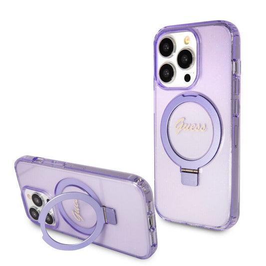 Apple iPhone 15 Pro Kılıf Guess Orjinal Lisanslı M-safe Şarj Özellikli Simli Arka Yüzey Ring Standlı Kapak Mor