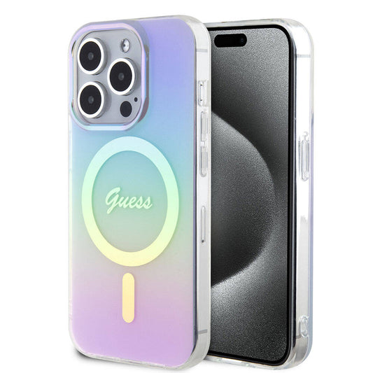 Apple iPhone 15 Pro Kılıf Guess Orjinal Lisanslı M-safe Şarj Özellikli Yazı Logolu Iridescent Kapak Mor