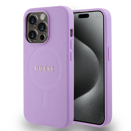 Apple iPhone 15 Pro Kılıf Guess Orjinal Lisanslı M-safe Şarj Özellikli Yazı Logolu Saffiano Kapak Mor