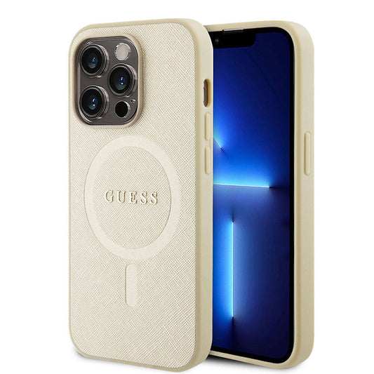 Apple iPhone 15 Pro Kılıf Guess Orjinal Lisanslı M-safe Şarj Özellikli Yazı Logolu Saffiano Kapak Krem