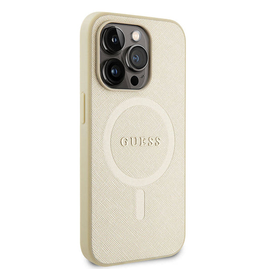 Apple iPhone 15 Pro Kılıf Guess Orjinal Lisanslı M-safe Şarj Özellikli Yazı Logolu Saffiano Kapak Krem