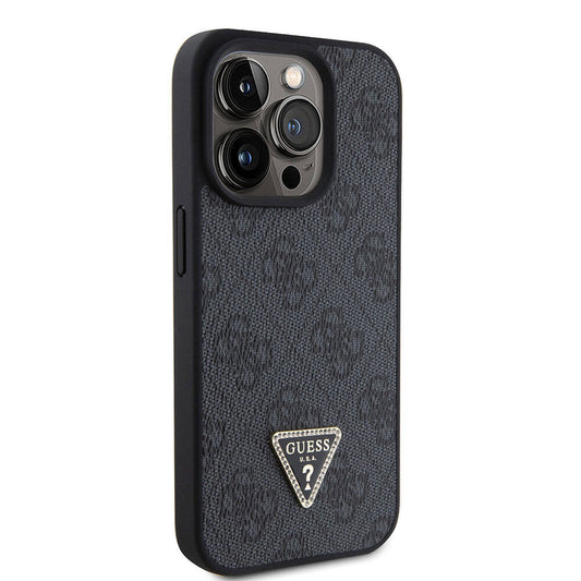Apple iPhone 15 Pro Kılıf Guess Orjinal Lisanslı PU Deri Askılı Taşlı Üçgen Logo 4G Desenli Strass Crossbody Kapak