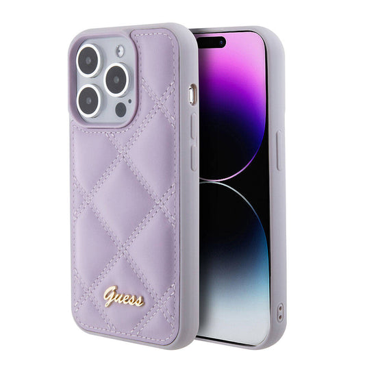 Apple iPhone 15 Pro Kılıf Guess Orjinal Lisanslı PU Deri Metal Yazı Logolu Kapitone Kapak Pembe