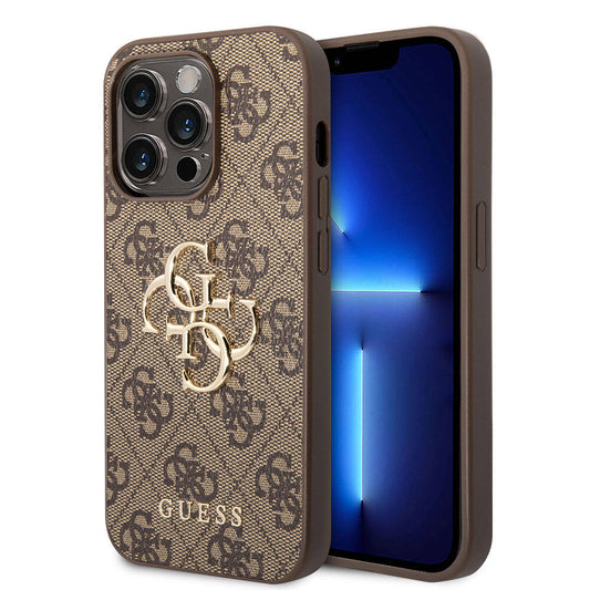 Apple iPhone 15 Pro Kılıf Guess Orjinal Lisanslı PU Deri Yazı ve 4G Metal Logolu Desenli Kapak Pembe