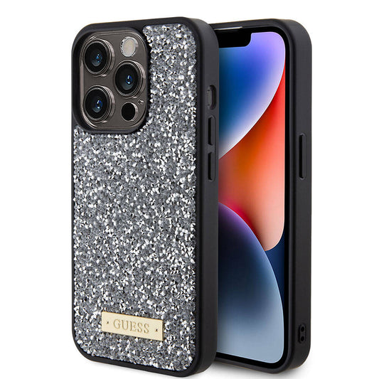 Apple iPhone 15 Pro Kılıf Guess Orjinal Lisanslı Taşlı Arka Yüzey Metal Yazı Logolu Kapak Sarı