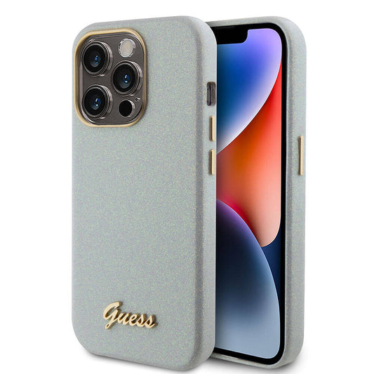 Apple iPhone 15 Pro Kılıf Guess Orjinal Lisanslı Yazı Logolu Glitter Glossy Script Kapak Lila