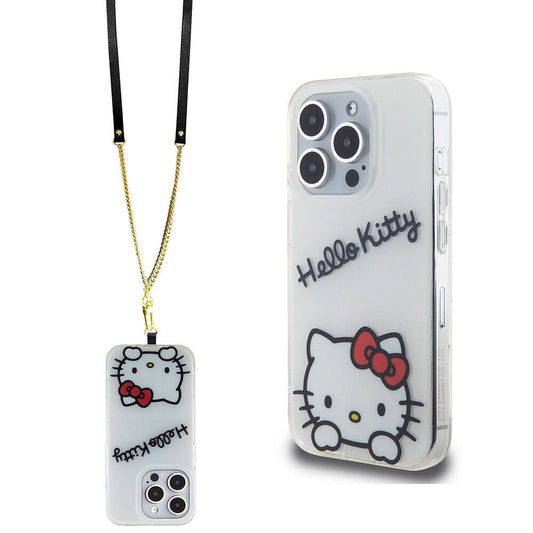 Apple iPhone 15 Pro Kılıf Hello Kitty Orjinal Lisanslı Askılı Yazı ve İkonik Logolu Daydreaming Kapak Beyaz