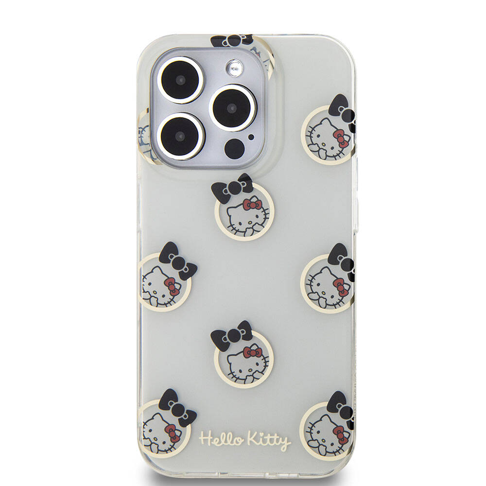 Apple iPhone 15 Pro Kılıf Hello Kitty Orjinal Lisanslı Elektroplating Kaplama Kabarcık Baskılı Kapak Beyaz