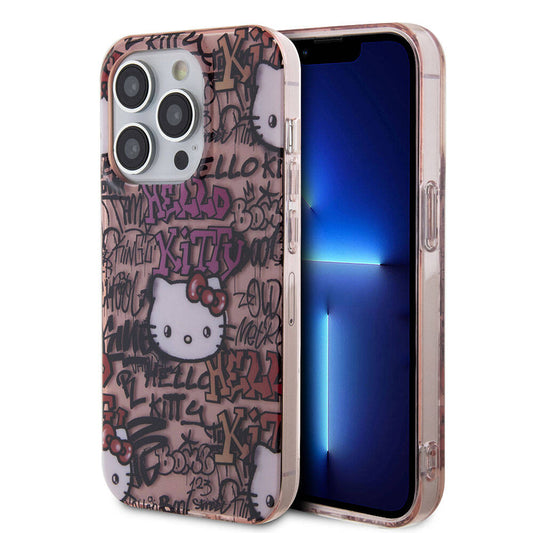 Apple iPhone 15 Pro Kılıf Hello Kitty Orjinal Lisanslı İkonik Logolu Etiket Graffiti Kapak Pembe
