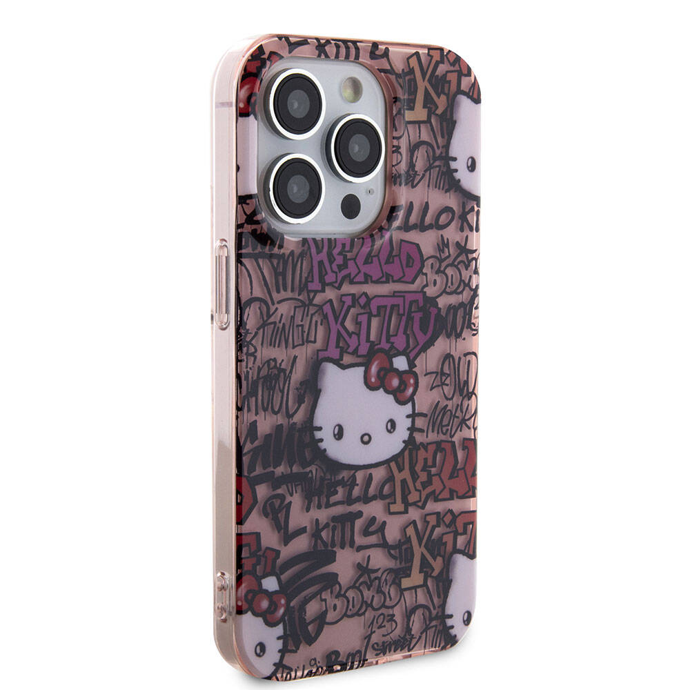 Apple iPhone 15 Pro Kılıf Hello Kitty Orjinal Lisanslı İkonik Logolu Etiket Graffiti Kapak Beyaz