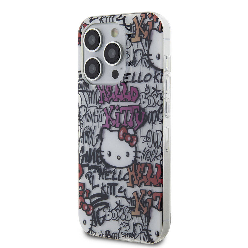Apple iPhone 15 Pro Kılıf Hello Kitty Orjinal Lisanslı İkonik Logolu Etiket Graffiti Kapak Pembe