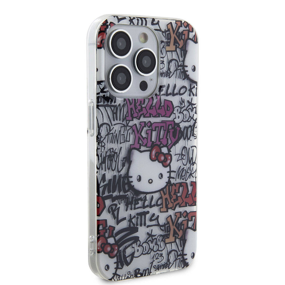 Apple iPhone 15 Pro Kılıf Hello Kitty Orjinal Lisanslı İkonik Logolu Etiket Graffiti Kapak Beyaz