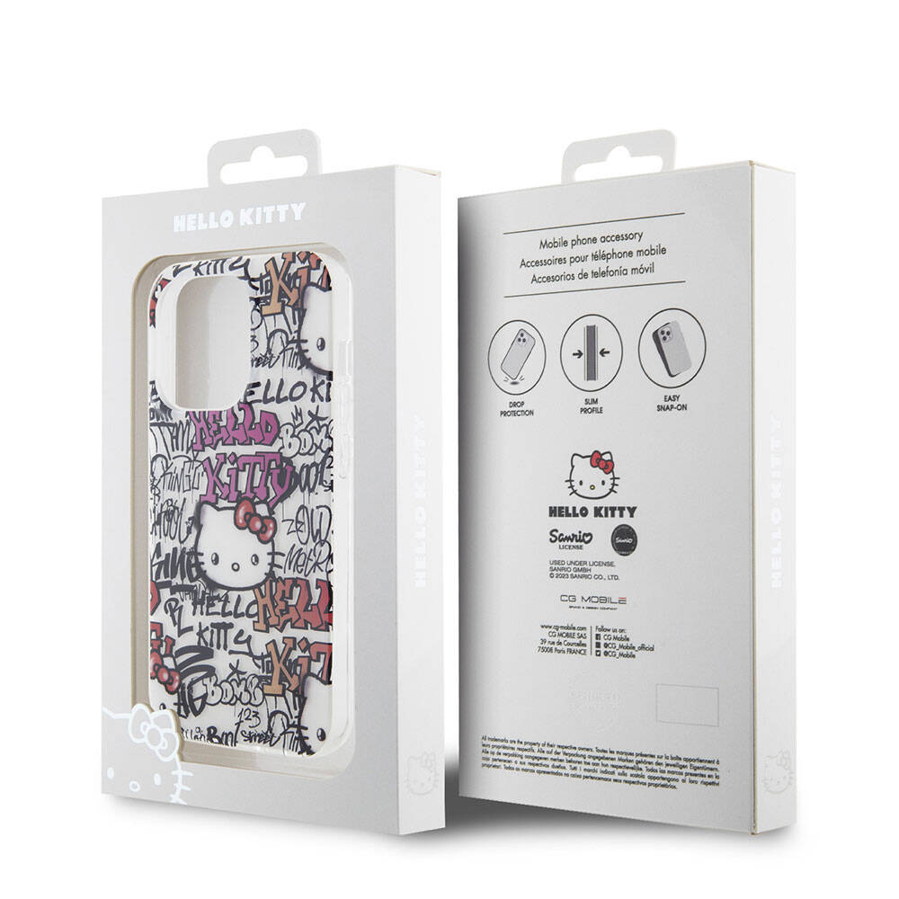 Apple iPhone 15 Pro Kılıf Hello Kitty Orjinal Lisanslı İkonik Logolu Etiket Graffiti Kapak Pembe