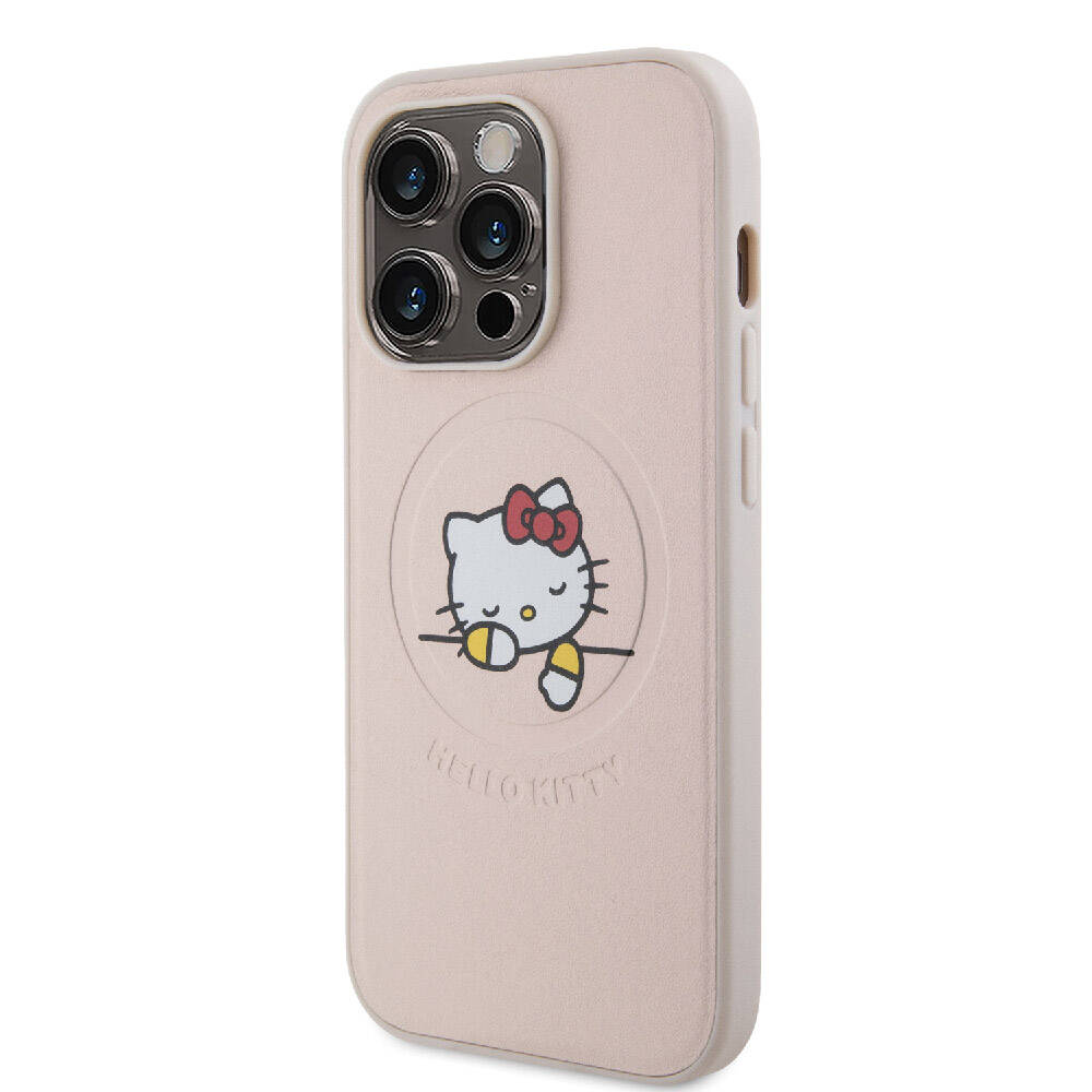 Apple iPhone 15 Pro Kılıf Hello Kitty Orjinal Lisanslı M-safe Şarj Özellikli Baskı Logolu Uyuyan Kitty Deri Kapak Gümüş