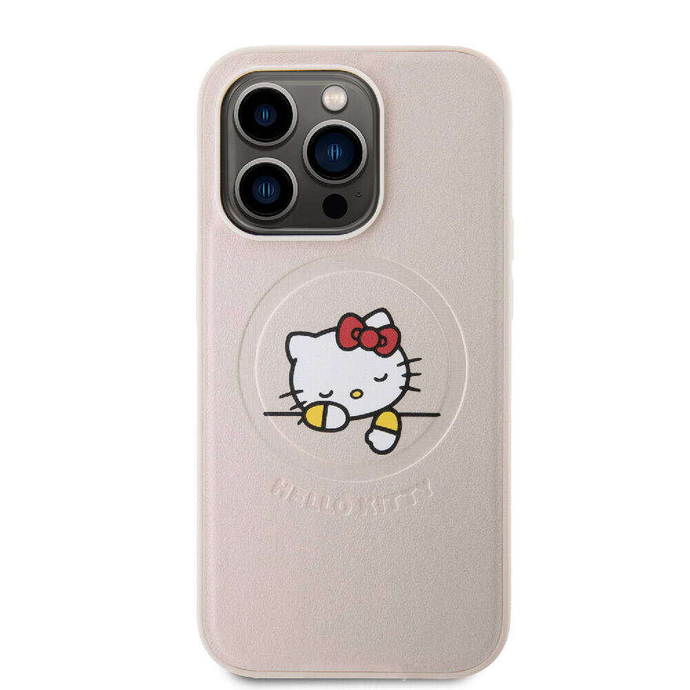 Apple iPhone 15 Pro Kılıf Hello Kitty Orjinal Lisanslı M-safe Şarj Özellikli Baskı Logolu Uyuyan Kitty Deri Kapak Gümüş