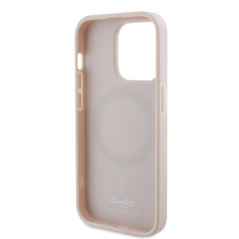 Apple iPhone 15 Pro Kılıf Hello Kitty Orjinal Lisanslı M-safe Şarj Özellikli Baskı Logolu Uyuyan Kitty Deri Kapak Pembe