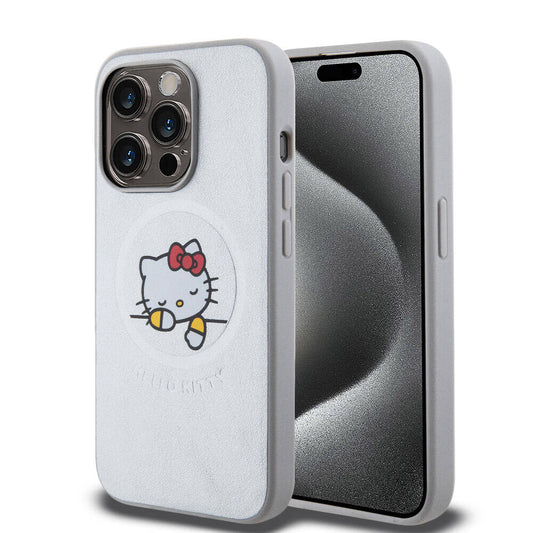 Apple iPhone 15 Pro Kılıf Hello Kitty Orjinal Lisanslı M-safe Şarj Özellikli Baskı Logolu Uyuyan Kitty Deri Kapak Gümüş
