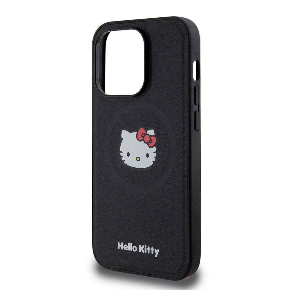 Apple iPhone 15 Pro Kılıf Hello Kitty Orjinal Lisanslı M-safe Şarj Özellikli Kitty Head Deri Kapak Siyah