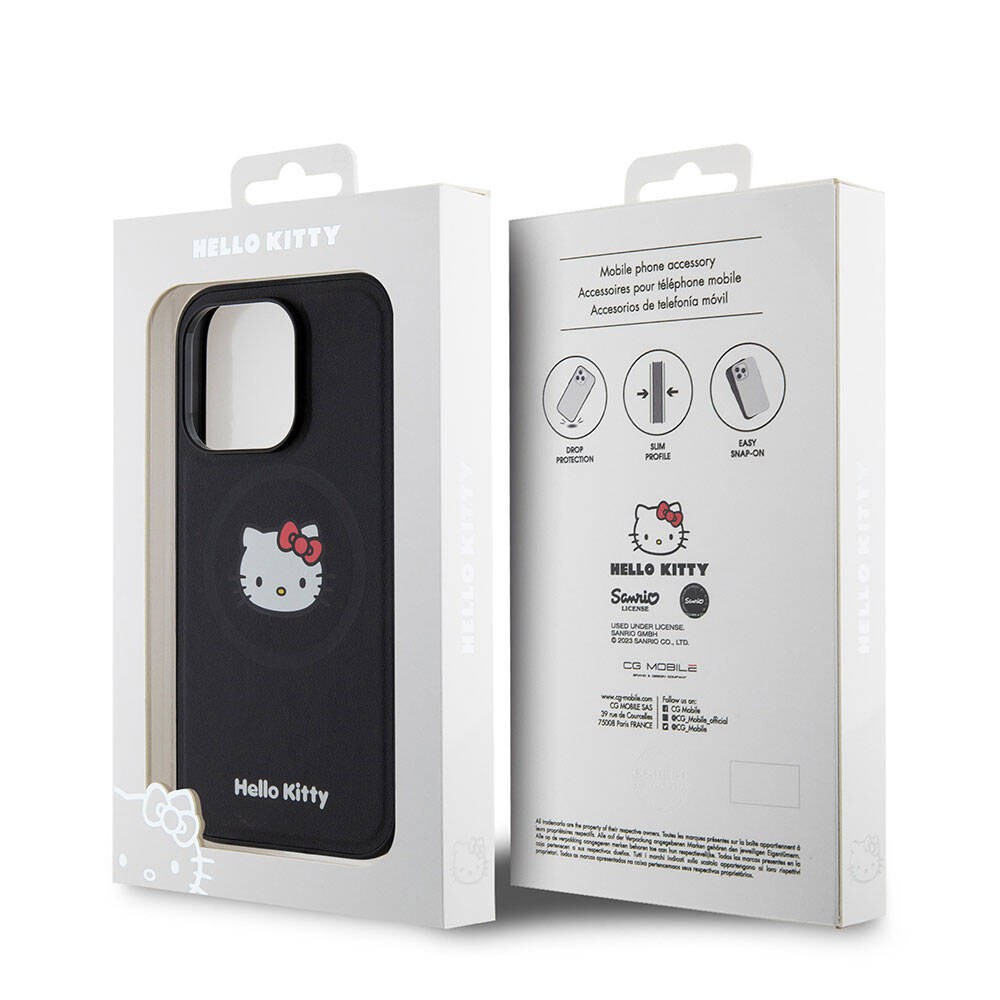 Apple iPhone 15 Pro Kılıf Hello Kitty Orjinal Lisanslı M-safe Şarj Özellikli Kitty Head Deri Kapak Siyah
