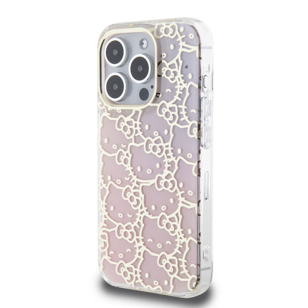 Apple iPhone 15 Pro Kılıf Hello Kitty Orjinal Lisanslı Renk Geçişli Elektroplating Kaplama Kitty Head Desenli Kapak Pembe