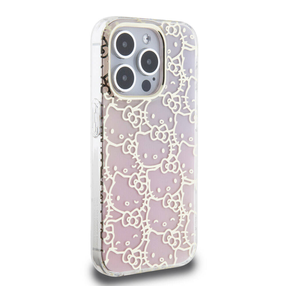 Apple iPhone 15 Pro Kılıf Hello Kitty Orjinal Lisanslı Renk Geçişli Elektroplating Kaplama Kitty Head Desenli Kapak Pembe