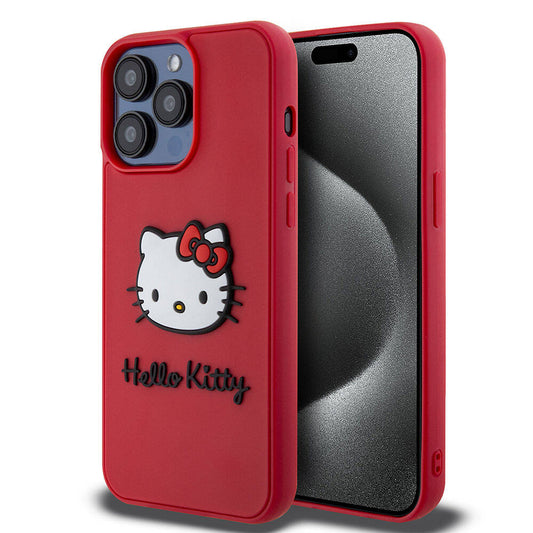Apple iPhone 15 Pro Kılıf Hello Kitty Orjinal Lisanslı Yazı ve İkonik Logolu 3D Rubber Kitty Head Kapak Siyah
