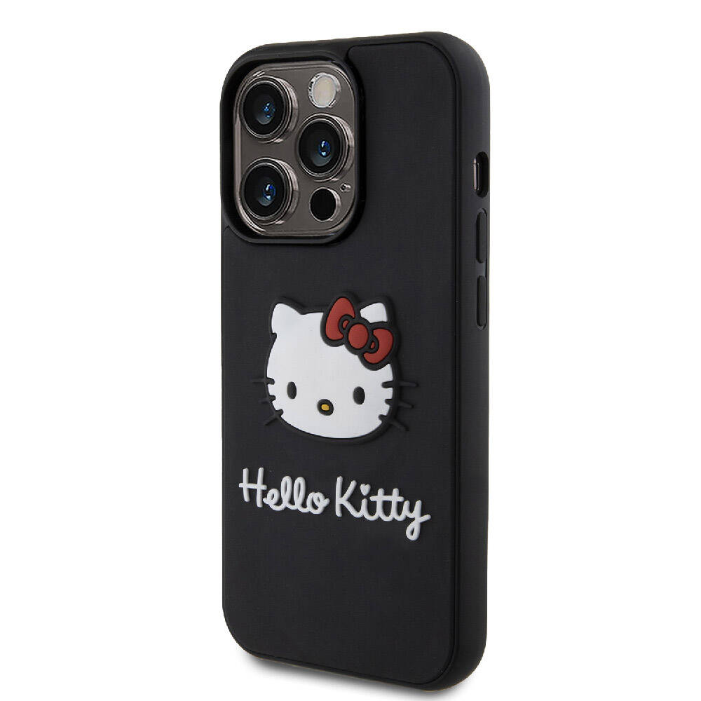 Apple iPhone 15 Pro Kılıf Hello Kitty Orjinal Lisanslı Yazı ve İkonik Logolu 3D Rubber Kitty Head Kapak Siyah