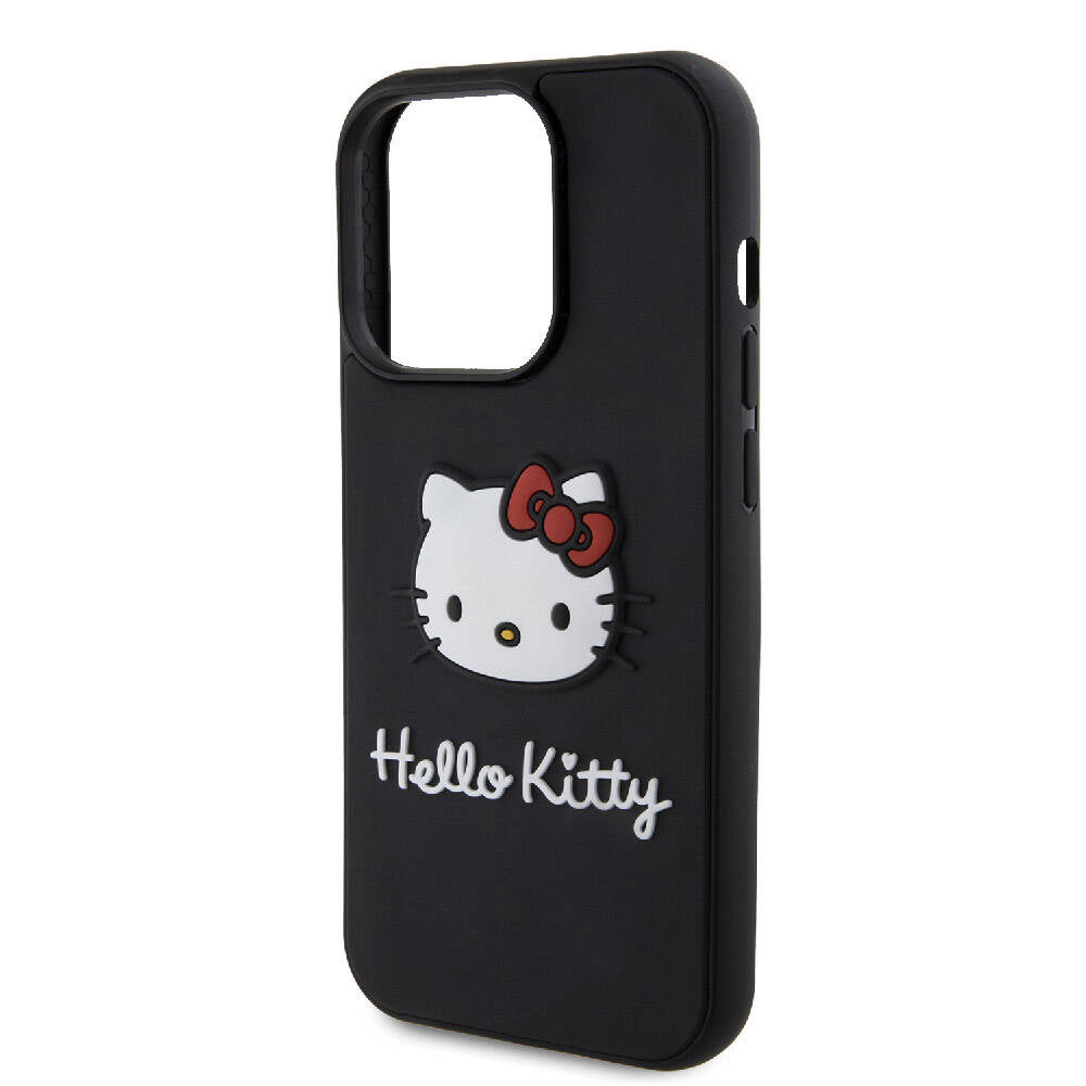 Apple iPhone 15 Pro Kılıf Hello Kitty Orjinal Lisanslı Yazı ve İkonik Logolu 3D Rubber Kitty Head Kapak Siyah