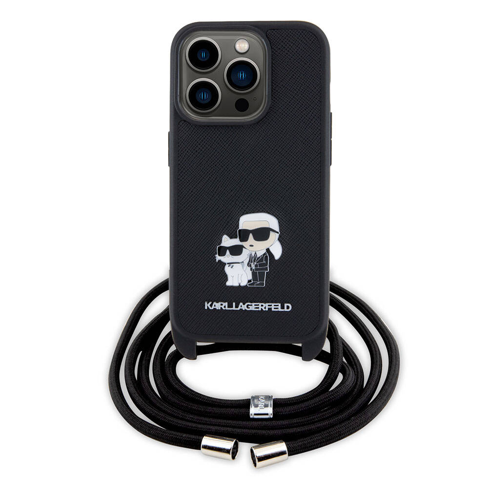 Apple iPhone 15 Pro Kılıf Karl Lagerfeld Askı İpli K&C Metal Logo Orjinal Lisanslı Kapak Siyah