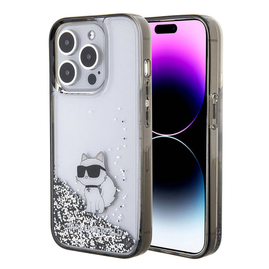 Apple iPhone 15 Pro Kılıf Karl Lagerfeld Choupette Sıvılı Glitter Orjinal Lisanslı Kapak Renksiz