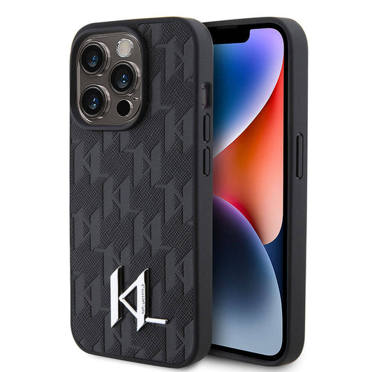 Apple iPhone 15 Pro Kılıf Karl Lagerfeld Hot Stamp K&L Metal Logo Orjinal Lisanslı Kapak Siyah